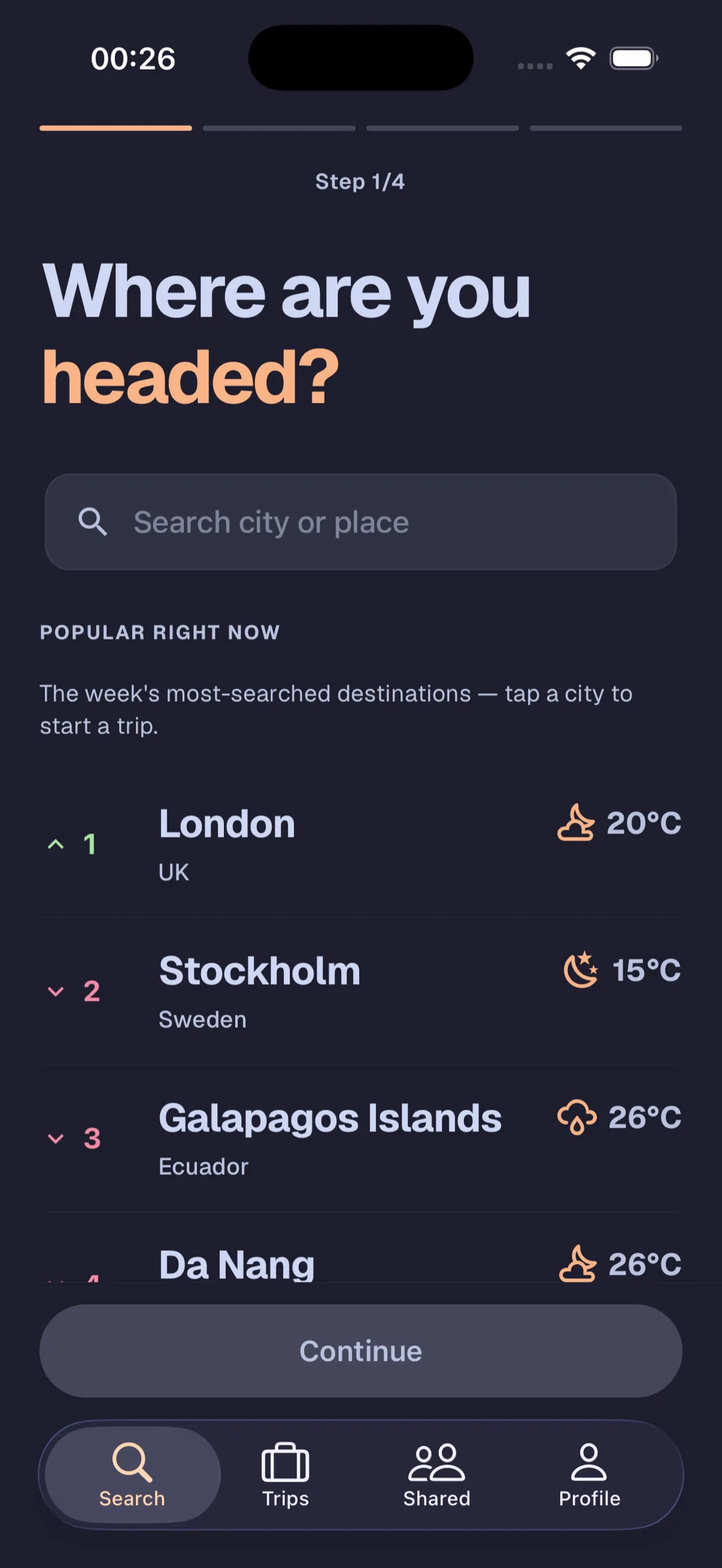 Plan a trip screen