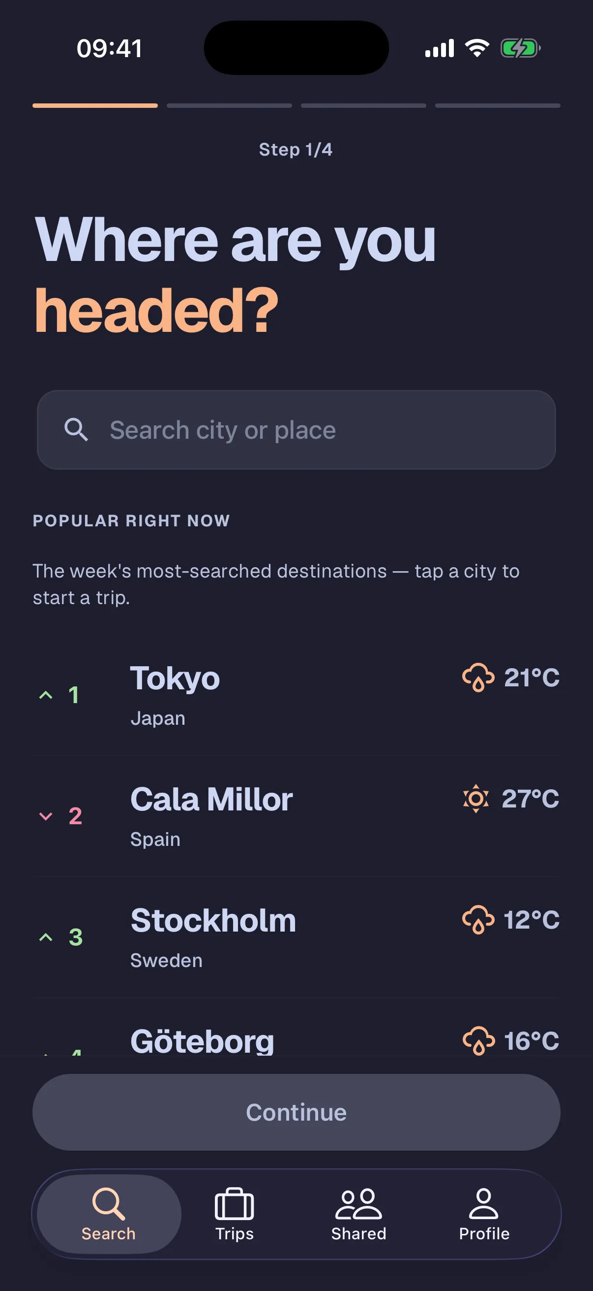 Plan a trip screen